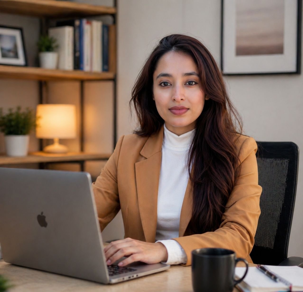 Anseena Anees Sabeena seated at a desk with a laptop